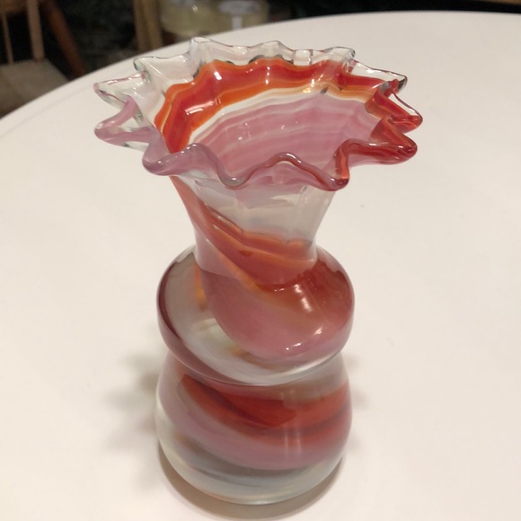 Vintage Other - Vintage Venetian Style Swirl Art Glass Vase w/ Ruffle Crimped Top MCM 6.5” x 4”